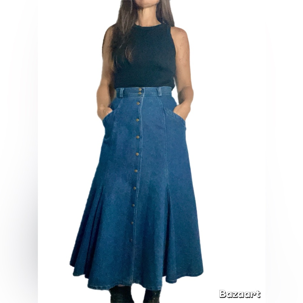 Vintage Western Boho High Waisted Denim Maxi Skirt